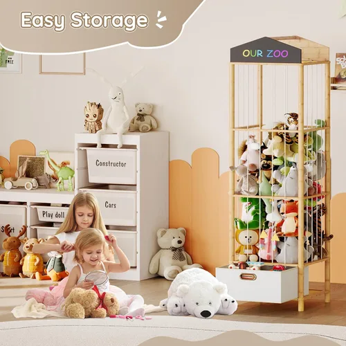 Miniatura 9 de HOOBRO Almacenamiento de animales de peluche, organizador de animales de peluche de bambú con cajón de tela y pizarra de bricolaje, organizador