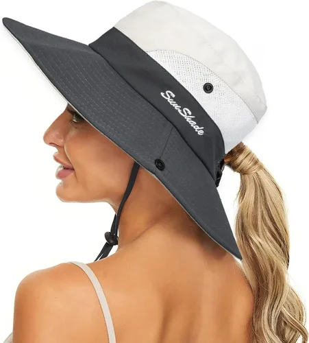 Sombrero de sol de verano para mujer, cola de caballo – Protección UV de malla de ala ancha plegable con agujero para cola de caballo