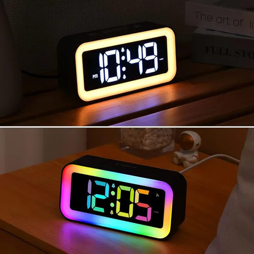 Miniatura 6 de Cadmos Reloj despertador fuerte para dormitorios con luz nocturna RGB dinámica, para adultos que duermen profundamente, doble alarma, atenuador