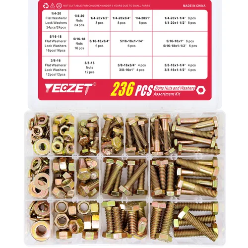 Miniatura 2 de Kit de 236 arandelas de pernos y tuercas resistentes de grado 8, 1/4-20 5/16-18 3/8-16, tornillos hexagonales, tuercas, kit surtido, incluye 13