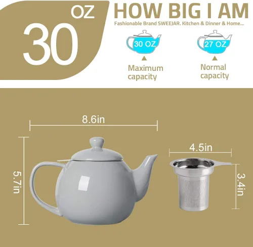 Miniatura 5 de Sweejar Tetera de porcelana con infusor de acero inoxidable extraíble, apto para microondas y lavavajillas, para té suelto, infusor de té para Jade