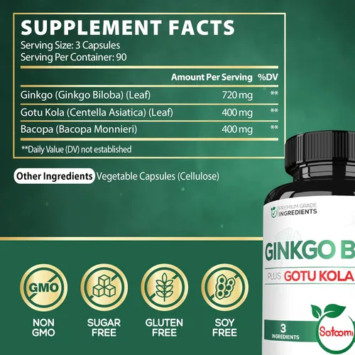 Miniatura 2 de Suplementos de Ginkgo Biloba de 1520 mg con hoja de Gotu Kola, Bacopa Monnieri - 270 cápsulas - Soporte extra fuerte para la salud cerebral, función