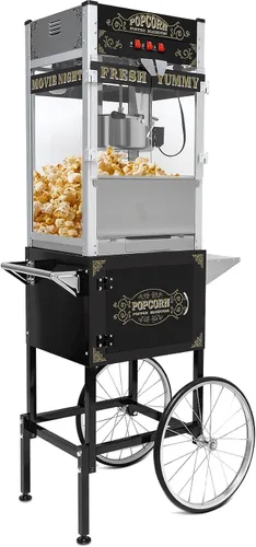 Máquina vintage de palomitas de maíz con carro, hervidor de acero inoxidable de 20 onzas y luz de calentamiento, hace hasta 100 tazas, ideal para