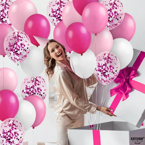 Miniatura 8 de KatchOn, Kit de arco de globos rosas metálicos, 12 pulgadas, paquete de 60, globos de confeti para decoraciones de fiesta rosa, globo de confeti