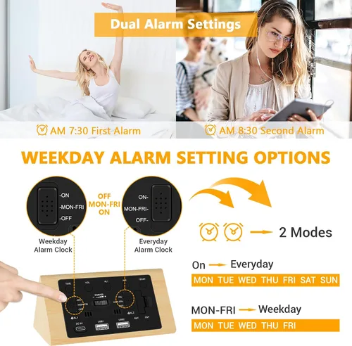 Miniatura 5 de Kogonee Reloj despertador digital de madera, atenuación 0-100%, 2 configuraciones de alarma, modo todos los días/fin de semana, repetición de 9