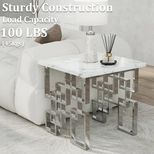 Miniatura 6 de AUZ Mesa auxiliar plateada, moderna mesa auxiliar cuadrada para sala de estar con parte superior de mármol sintético blanco y base geométrica