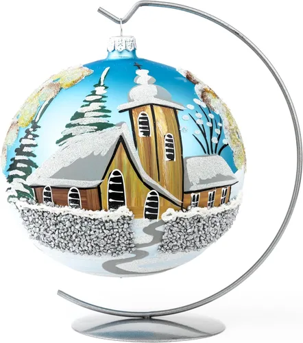 Miniatura 67 de Adorno navideño de capilla azul con soporte, bola de vidrio soplado polaco pintada a mano, bola extra grande de 8 pulgadas/200mm, adorno de fe eterna