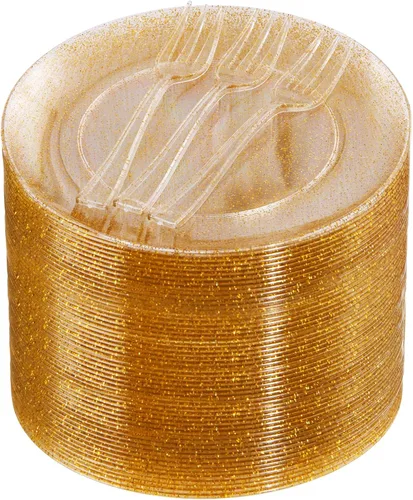 Festiva 200 platos de postre dorados con purpurina de 6.3 pulgadas con tenedores de 5 pulgadas, platos pequeños de plástico para postre, pasteles,