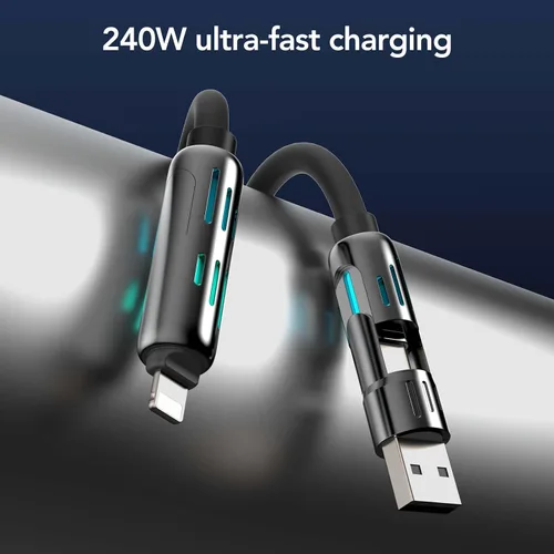 Miniatura 2 de MFish Cable de carga USB 4 en 1 con funda de transporte, cable de carga rápida de 240 W, USB-A y USB-C dual a USB-C/Lightning, para iPhone Negro