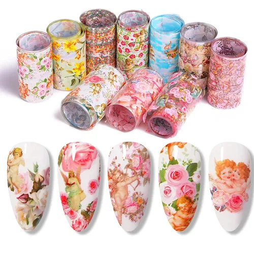 Miniatura 6 de 10 hojas de transferencia de lámina de uñas, diseño de flor de Cupido en ángulo, calcomanías de uñas, calcomanías de arte de uñas, tiras