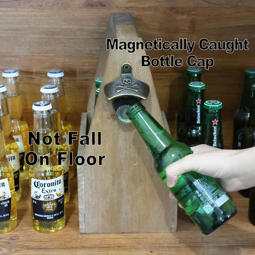 Miniatura 3 de Abrebotellas magnético de montaje en pared, abridor de botellas de cerveza de bronce antiguo con imanes para mesa de madera