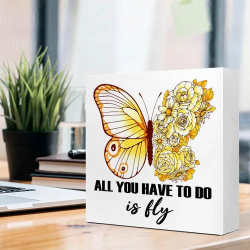 Miniatura 4 de LVQHI Letreros de madera inspiradores, placa de madera con texto en inglés "All You Have To Do Is Fly", decoración de mariposa, letrero motivacional