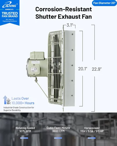 Miniatura 2 de iLIVING Ventilador de escape de obturación de 20 pulgadas, resistencia a la corrosión, velocidad única