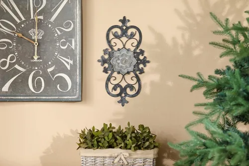 Miniatura 6 de Arte de pared de flores de metal, 15.75 x 9 pulgadas, decoración de pared floral de pergamino de metal, escultura de pared colgante con flor bohemia