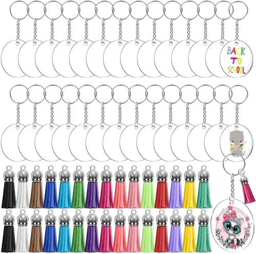 Audab Kit de llavero de acrílico, 120 piezas, incluye piezas de acrílico transparente, borlas de llavero, llaveros, anillos de salto para