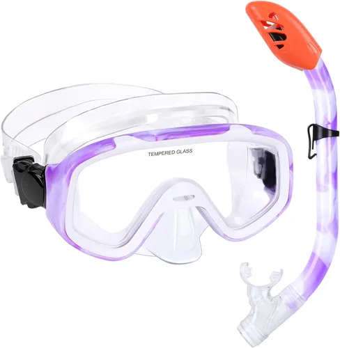 Miniatura 13 de Juego de esnórquel para niños, máscara de buceo antivaho para niños, gafas de natación, equipo de esnórquel con parte superior seca, paquetes