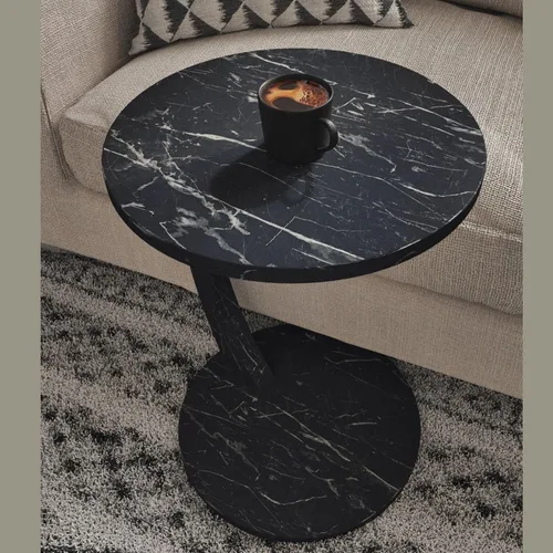 Miniatura 6 de Mesa auxiliar en forma de C para sofá, lugares pequeños, mesa auxiliar redonda de mármol sintético negro, ahorradora de espacio, mesa lateral