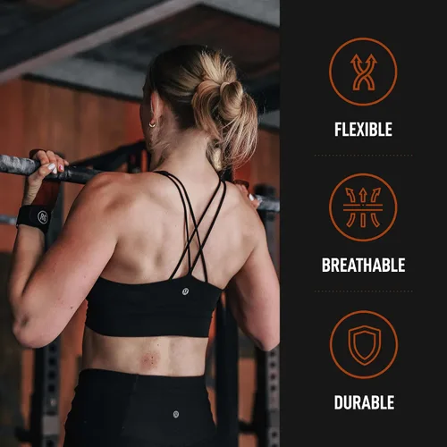 Miniatura 3 de RooGrips Empuñaduras de cuero prémium sin dedos para barras de gimnasia, entrenamiento cruzado, gimnasio y entrenamientos en casa, barras de Grano