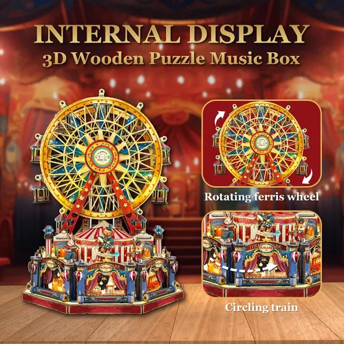 Miniatura 4 de Rompecabezas de madera 3D de bricolaje con rueda de ferrita, kit de casa de muñecas de bricolaje, modelo de construcción de circo
