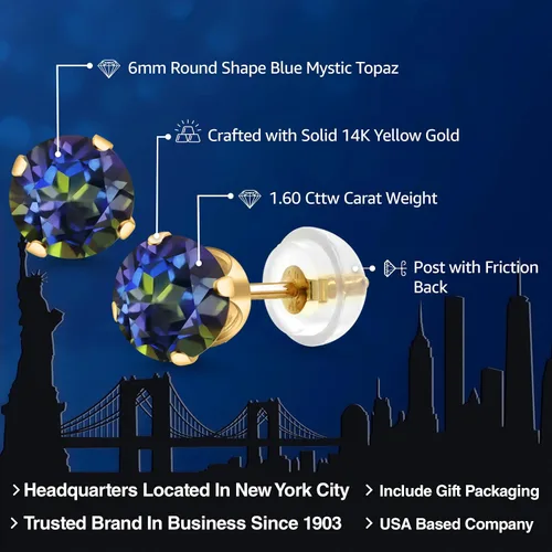 Miniatura 68 de Gem Stone King Aretes solitarios con piedra natal de oro de 14 quilates Redondos de 0.236 in Aretes de oro para mujeres y hombres