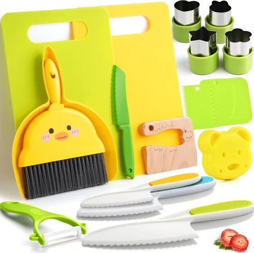 Herramientas de Cocina para Niños, 18 Piezas, Juegos de Cocina para Niños Pequeños Real-Montessori, Juego de Chef para Niños con Cuchillos Seguros