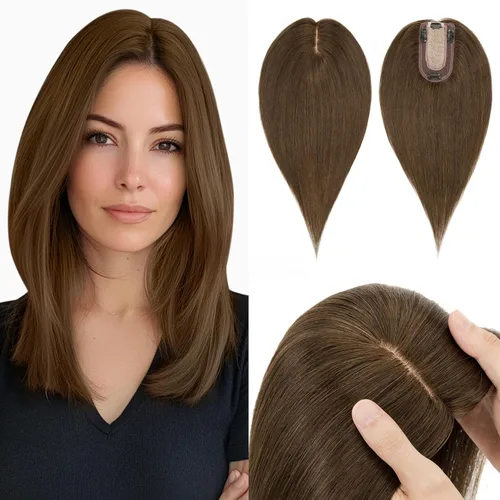 Miniatura 13 de Hairro Toppers de cabello humano 100% real para mujeres sin flequillo, postizos de cabello real con clip, base de seda transpirable para cubrir