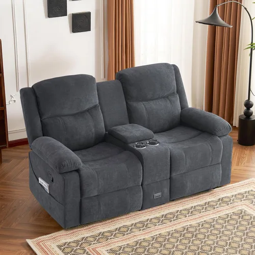 Miniatura 15 de Sofá biplaza reclinable manual con soporte ajustable de 360°, almacenamiento de consola central con carga tipo C y USB, reposacabezas ajustable