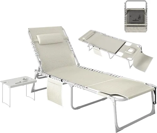 Miniatura 12 de Outsunny Silla bronceadora con agujero frontal, mesa auxiliar, sillón reclinable plegable de 5 posiciones, tumbona reclinable, correas de transporte
