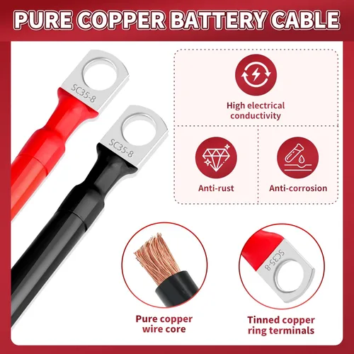 Miniatura 3 de Cable de batería de 2 AWG, 2 unidades, cables de batería de 5.9 pulgadas con terminales de anillo M8, cables de batería marinos de cobre puro, cable