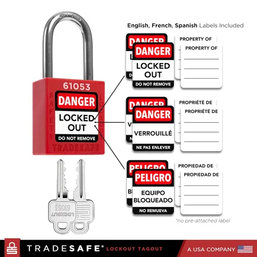 Miniatura 3 de TRADESAFE Juego de cerraduras de bloqueo - 7 candados iguales con llave roja, 2 llaves por cerradura, cerraduras Loto compatibles con OSHA