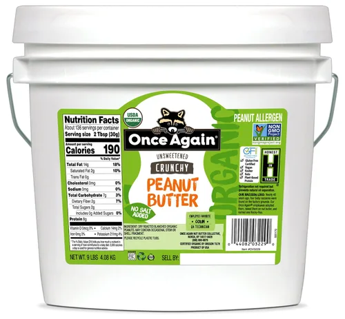 Once Again Mantequilla de maní crujiente orgánica, 9 libras (igual que 9 frascos), sin sal, sin azúcar, orgánica USDA, certificado sin gluten,
