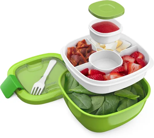 Miniatura 15 de Bentgo Recipiente para ensalada – Tazón de 54 onzas con bandeja de 4 compartimentos para aderezos, recipiente a prueba de fugas, tenedor Caqui Verde