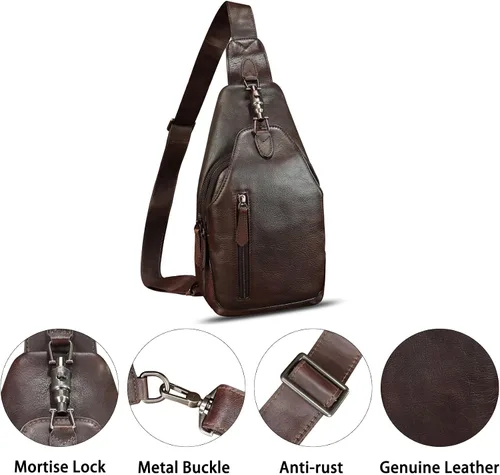 Miniatura 3 de Bolso de cuero genuino para mujeres y hombres, mochila bandolera de cuero real para el hombro, bolso cruzado en el pecho, Café