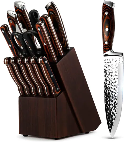 Juego de cuchillos de cocina, juego de cuchillos de 15 piezas con bloque de madera, autoafilable para juego de cuchillos de chef, juego de cuchillos