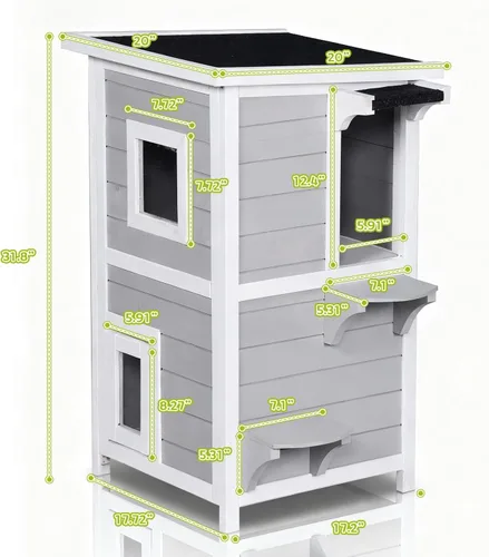 Miniatura 7 de Casa para gatos al aire libre de 2 pisos con puerta de escape, refugio para gatos feral, resistente a la intemperie para exteriores, techo