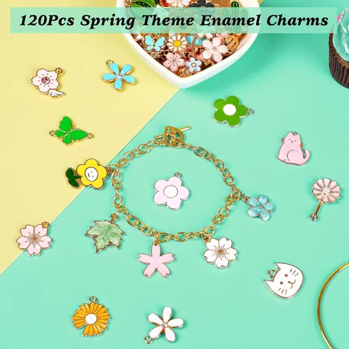 Miniatura 2 de MARFOREVER 120 dijes con temática floral de primavera y verano, dijes de flores para hacer joyas, colgantes de esmalte dorado surtidos