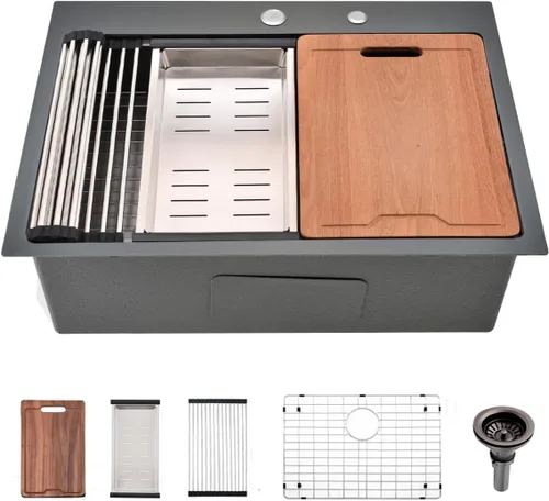 Miniatura 18 de Estación de trabajo de fregadero de cocina de 33 pulgadas - VOKIM 33 x 22 pulgadas, fregadero de cocina de montaje superior de 16 calibre, fregadero
