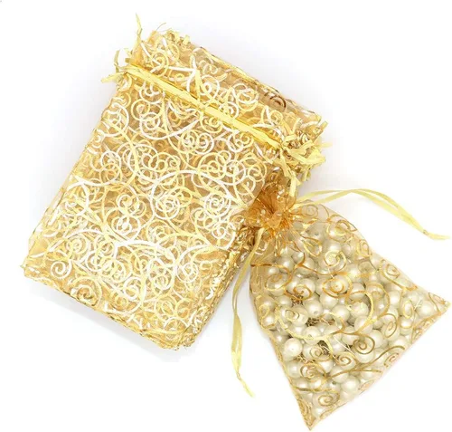 Miniatura 4 de Staruby Bolsas de regalo de organza, 100 bolsas de organza transparente dorada de 4 x 6 pulgadas, bolsas de regalo con cordón para joyas, ratán, 100