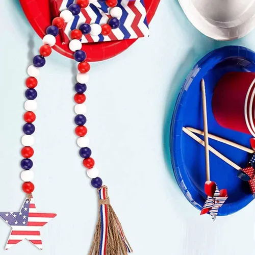 Miniatura 5 de CYee Guirnalda patriótica de cuentas de madera del 4 de julio con borlas rústicas para colgar en la pared con bandera americana con etiqueta