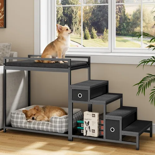 kepptory Litera para mascotas con escaleras y almacenamiento, camas para perros fijadas a la cama humana, cuna para perros y gatos pequeños, Negro