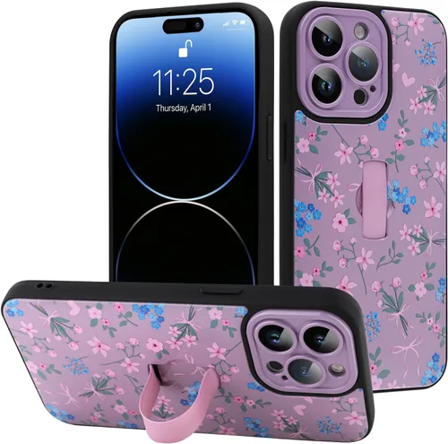 Miniatura 111 de Funda diseñada para iPhone 17 Pro Max con soporte plegable y correa para dedos, bonito patrón de lazo de corazón de flor rosa para mujeres y niñas