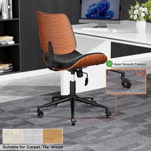 Miniatura 8 de Silla de escritorio de oficina en casa con ruedas giratorias, moderna silla de oficina sin brazos de piel sintética, pequeña silla de computadora