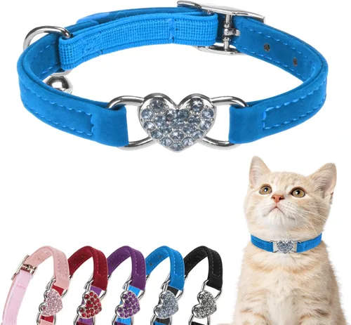 Miniatura 8 de BINGPET collar ajustable para gatos, de terciopelo suave, seguro, collares Bling diamante con cascabel, Adjustable, Rosado claro Rosa