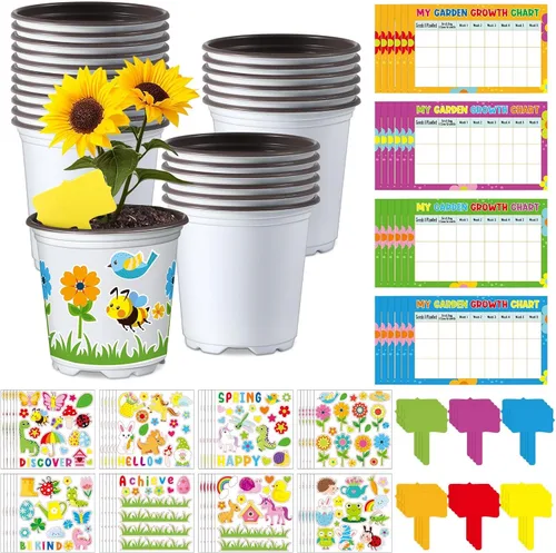 Miniatura 9 de Capoda Juego de 24 macetas de jardín, kit de manualidades, macetas de plástico de primavera para vivero con calcomanías, tablas de crecimiento