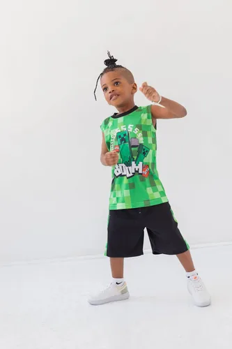 Miniatura 2 de Minecraft Creeper - Conjunto de 3 piezas para niños pequeños, camiseta sin mangas, pantalones cortos de malla