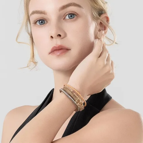Miniatura 3 de FANCY SHINY Pulseras bohemias de cuero con cuentas doradas para mujer, apilables con cierre magnético