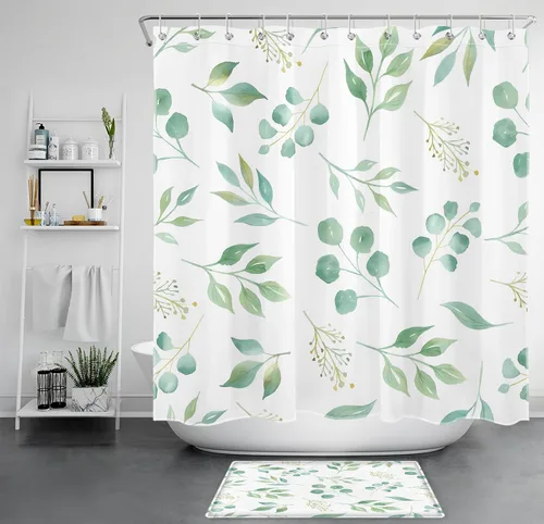 Miniatura 9 de EOBTAIN Cortina de ducha de hojas de eucalipto verde para baño, cortina de ducha con hojas de plantas naturales en beige con 10 ganchos, juego
