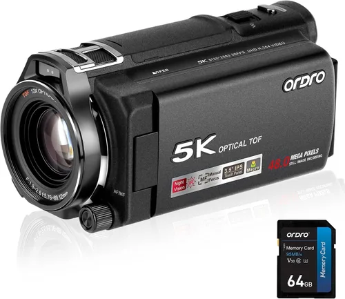 ORDRO XV80 Videocámara 5K 48MP UHD 1080P 60fps Zoom óptico 12X para YouTube, visión nocturna IR 40X Zoom digital 3.5 "Pantalla táctil Vlog Cámara