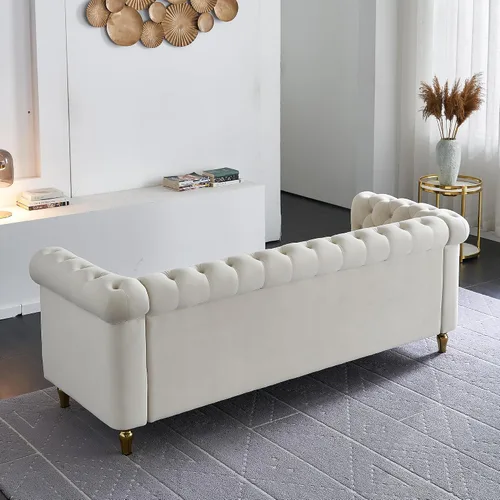 Miniatura 8 de Sofá Chesterfield de terciopelo de 84 pulgadas, sofá moderno de 3 plazas de mediados de siglo con brazos enrollados, marco de madera maciza y patas