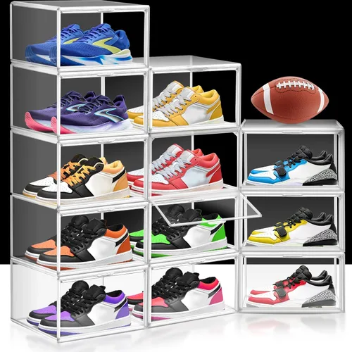 Paquete de 14 cajas transparentes para zapatos, tamaño 12, organizador de almacenamiento de zapatos para armario, apilable, estante de zapatos,